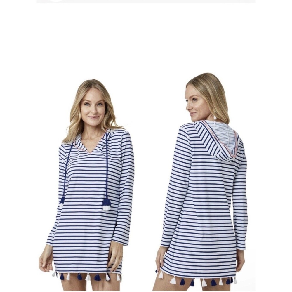Cabana Life Women Size XS Blue Dress Cover Up Hooded Long Sleeve Tassels UPF 50